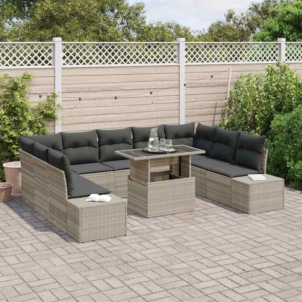 Garten-Sofa-Set mit Speicher 10 pcs Hellgrau Poly Rattan